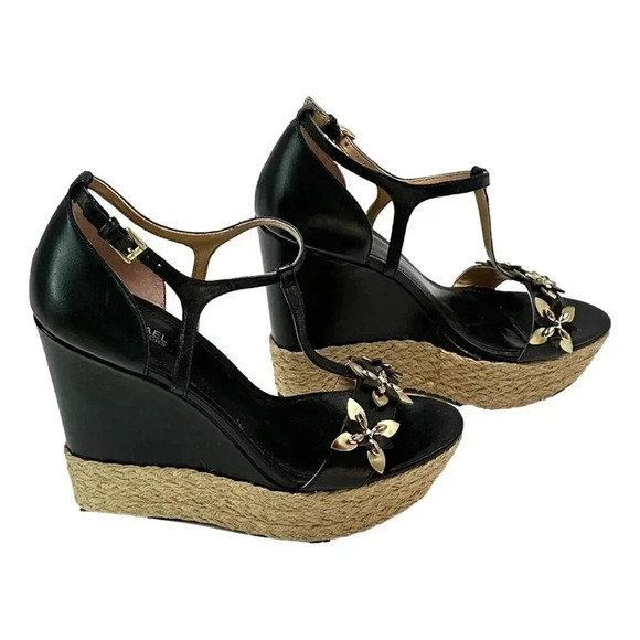 Michael Kors Heidi Womans Shoes Size 7.5 M Wedge Black Gold Juet Platform - Picture 2 of 10